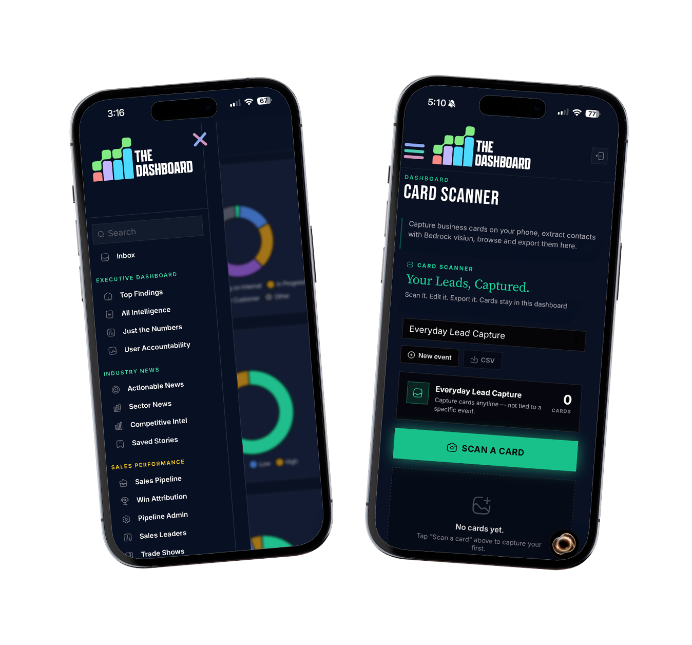THE DASHBOARD on mobile: menu and card scanner